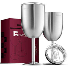 Load image into Gallery viewer, FineDine Premium Grade 18/8 Stainless Steel Wine Glasses 12 Oz. Double-Walled Insulated Unbreakable Goblets (Set of 2) Stemmed Wine Glass BPA-Free Leak Resistant Lid for Red White Wine, Brushed Metal
