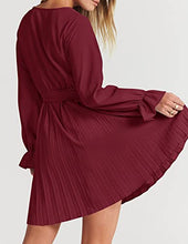 Load image into Gallery viewer, ZESICA Women's Sevy V Neck Long Sleeve Pleated A Line Wedding Cocktail Party Mini Dress with Belt,Wine,Small
