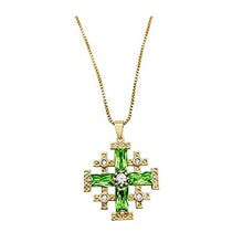 Load image into Gallery viewer, Green Tourmaline Gold Plated Jerusalem Cross Pendant Necklace Holy Land

