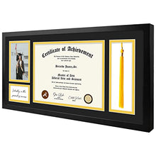 Load image into Gallery viewer, Golden State Art, Diploma Frame with Tassel Holder, 11x22 Wood Frame for 8.5x11 Document/Certificate,4x6 Photo with Double Mat (Black Over Gold), Real Glass, Black Shadow Box
