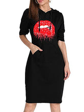 Load image into Gallery viewer, MAGICMK Women Long Sleeve Print Lips Slim Fitted Knee Length Sweatshirt With Pocket Casual Pullover Hoodie Dress (HBLACK+PURPLE, S)

