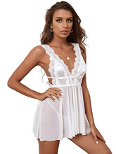 Load image into Gallery viewer, WDIRARA Women's Sleepwear Floral Lace Mesh V Neck Dress with Panty Nightgowns White S
