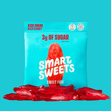 Load image into Gallery viewer, SmartSweets Sweet Fish, Candy with Low Sugar (3g), Low Calorie (100), No Artificial Sweeteners, Vegan, Plant-Based, Gluten-Free, Non-GMO, Healthy Snack for Kids &amp; Adults, 1.8oz (Pack of 12)
