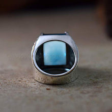 Load image into Gallery viewer, Thanksgiving gift for jewelry, cabochon larimar ring, genuine pectolite larimar ring, solid 925 sterling silver ring, signet heavy silver ring, designer statement ring, men's gemstone ring
