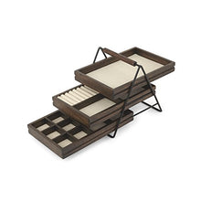 Load image into Gallery viewer, Umbra 1004037-048 Terrace Jewelry Tray – Three-Tier Jewelry Tray With Three Sliding Linen Lined Wood Trays With Metal Frame and Handle, Easy Storage and Access, Black/Walnut Finish
