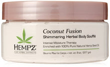 Load image into Gallery viewer, Hempz Coconut Fusion Herbal Shimmering Body Souffle, 8 oz. - Moisturizing Shea Butter Lotion for Instant Hydration, Skin Care, Scented Beauty Products for Women and Men - Whipped Hemp Body Cream
