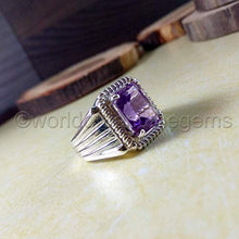 Load image into Gallery viewer, Amethyst Silver Men Ring, Solid 925K Sterling Silver, Faceted Square, Natural, Handmade Jewelry, Rope Design, Four Prong Design, Men's Amethyst Ring, Gift For Him, Good Friday Gift, Size 4-13
