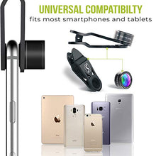 Load image into Gallery viewer, 5 in 1 Phone Camera Lens Kit - Optical Glass Attachment Set - 2X Zoom Telephoto, 198 Fisheye, 0.63X Wide Angle, 15X Macro, CPL Filter with Universal Clip Adapter for Cell Phones and Tablets (Black)
