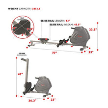 Load image into Gallery viewer, Sunny Health &amp; Fitness Compact Folding Magnetic Rowing Machine with LCD Monitor, Bottle Holder, 43 Inch Slide Rail, 285 LB Max Weight - Synergy Power Motion - SF-RW5801, Silver
