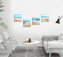 Load image into Gallery viewer, Canvas Wall Art Ocean Decor Beach Seashell Starfish Nature Picture Blue Canvas Artwork Turquoise Contemporary Wall Art for Bathroom Bedroom Living Room Office Kitchen Wall Decor 12" x 12" x 4 Pieces
