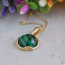 Load image into Gallery viewer, Malachite Necklace - 14K Gold Plated over 925 Sterling Silver, Dainty 12mm Natural Stone, Genuine Dark Green Malachite Gemstone Pendant, Delicate Handmade Vintage Antique Jewel for Women
