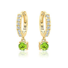 Load image into Gallery viewer, Yellow Gold Flashed Sterling Silver 5mm Peridot &amp; White CZ Dangle Huggie Hoop Earrings for Women Teen Girls, 15mm Diameter
