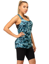 Load image into Gallery viewer, icyzone Yoga Tops Workouts Clothes Activewear Built in Bra Tank Tops for Women (Navy Camo, Large)
