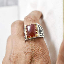Load image into Gallery viewer, Red Onyx Silver Boys Ring, 925K Sterling Silver, Handmade Silver Ring, Aqeeq Men's Red Onyx, Black Enamel, Sword Design, Birthday Gift For Him
