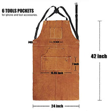 Load image into Gallery viewer, QeeLink Leather Welding Apron - Heat &amp; Flame-Resistant Heavy Duty Work Forge Apron with 6 Pockets, 42" Large &amp; Cross Back Extra Long Strap, Adjustable M to XXXL for Men &amp; Women (Brown)

