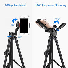 Load image into Gallery viewer, Phone Tripod Nagnahz 55inch Video Recording Tripod Stand with Bluetooth Remote 360 Panorama Pan Head Travel Portable Selfie Stick Extendable Tripod for Mobile Phones iPhone 11/Xs/X/8/Gopro/Camera
