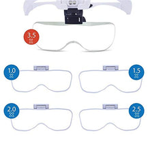 Load image into Gallery viewer, Pstars LED Illuminated Headband Magnifier with Bonus Cleaning Cloth and 5 Detachable Lenses 1X, 1.5X, 2X, 2.5X 3.5X Hands-Free Head Worn Lighted Magnifying Glass
