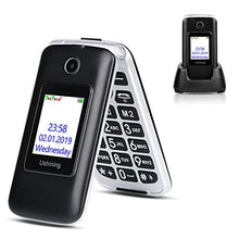 Load image into Gallery viewer, Ushining 3G Unlocked Senior Flip Phone Dual Screen Dual SIM Card T Mobile Flip Phone 2.8 Inch LCD and Large Keypad with Charging Cradle (Black)
