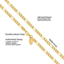 Load image into Gallery viewer, Lifetime Jewelry 4mm Figaro Chain Necklace 24k Gold Plated for Men Women &amp; Teen (Gold, 20)
