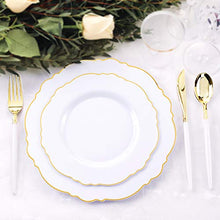 Load image into Gallery viewer, WDF 30Guest Gold Plastic Plates &amp; Disposable Gold Plastic Silverware With White Handle- Baroque White&amp;Gold Plastic Dinnerware for Upscale Wedding &amp;Parties
