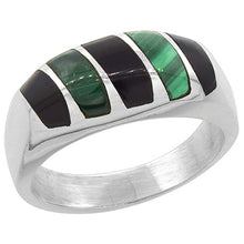 Load image into Gallery viewer, Sterling Silver Black Obsidian &amp; Malachite Ring for Men Oval Vertical Stripes Solid Back Handmade, Size 9
