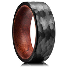 Load image into Gallery viewer, King Will 8mm Black Tungsten Carbide Ring Inner Hole Inlaid Wood Hammered Texture Flat Style 14
