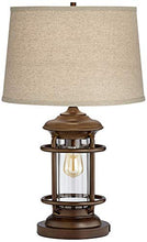 Load image into Gallery viewer, Andreas Industrial Table Lamp with Nightlight and USB Port Brown Metal Oatmeal Fabric Tapered Drum Shade Antique LED Edison Bulb for Living Room Bedroom Bedside Nightstand Office - Franklin Iron Works
