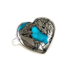 Load image into Gallery viewer, A Matrix of Natural PYRITE and Genuine Blue TURQUOISE Gemstone, 925 Sterling Silver, Heart Ring Sz 9 Jewelry
