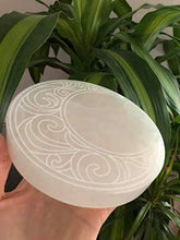 Load image into Gallery viewer, 3" Selenite Charging Plate Etched with Crescent Moon Design, Highest Quality Selenite
