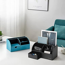 Load image into Gallery viewer, Office Desk Organizer with Drawer, PU Leather Office Supplies Caddy with Pencil Holder and Storage Baskets for Desktop Accessories, 6 Compartments with Drawer, Black
