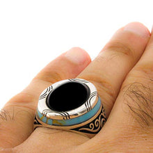 Load image into Gallery viewer, Solid 925 Sterling Silver Rings for Men Turkish Handmade Onyx Stone with Simulated Turquoise Luxury Design Premium Quality (14.75)
