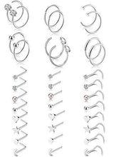 Load image into Gallery viewer, Tornito 20G 36Pcs Stainless Steel L Shaped Nose Ring CZ Nose Stud Retainer Labret Nose Piercing Jewelry (A0：30Pcs, Silver Tone)
