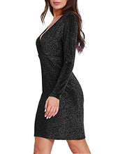 Load image into Gallery viewer, BONFASH Women's Sexy Sequin Dress Deep V Neck Long Sleeve Bodycon Stretchy Mini Evening Dress Black
