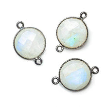 Load image into Gallery viewer, 15mm Black Gold .925 Corrugated Bezel Rainbow Moonstone Coin 2 Ring Connector 1 pc
