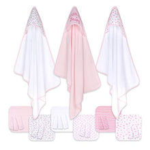 Load image into Gallery viewer, The Peanutshell Hooded Bath Towel and Wash Cloth Set for Baby Girls - 23 Piece Gift Set - Pink Floral &amp; Cheetah Print
