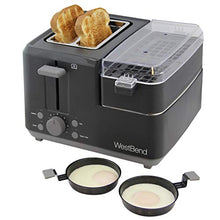 Load image into Gallery viewer, West Bend 78500 2-Slice Breakfast Station Wide Slot Toaster with Removable Crumb Includes Meat and Vegetable Warming Tray with Egg Cooker and Poacher Certified, Black
