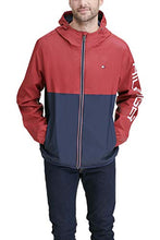 Load image into Gallery viewer, Tommy Hilfiger Men's Lightweight Active Water Resistant Hooded Rain Jacket, Red/Navy Colorblock, X-Large
