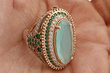 Load image into Gallery viewer, Turkish Handmade Jewelry Long Oval Shape Aquamarine and Round Cut Emerald Topaz 925 Sterling Silver Ring Size All
