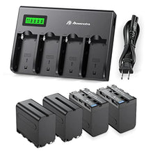 Load image into Gallery viewer, Powerextra 4 Pack Replacement Sony NP-F970 Battery &amp; 4-Channel Battery LCD Charger Compatible with Sony DCR-VX2100, DSR-PD150, DSR-PD170, FDR-AX1, HDR-AX2000, HDR-FX1, HDR-FX7, HDR-FX1000, HVL-LBPB
