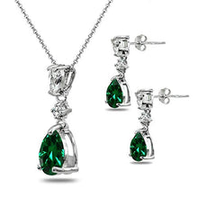 Load image into Gallery viewer, Sterling Silver Synthetic Green Quartz &amp; White Topaz Pear-Cut Teardrop Dangling Stud Earrings &amp; Necklace Set
