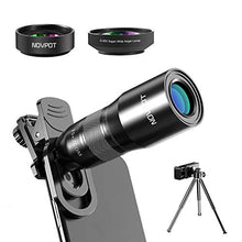 Load image into Gallery viewer, Phone Camera Lens, NOVPOT Pro Phone Lens Kit, 25X Zoom Telephoto Lens, 0.45X Wide Angle Lens &amp; 15X Macro Lens Compatible with iPhone,iPad,Most Android Phones and Smartphones with Tripod
