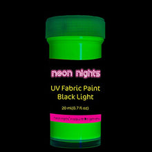 Load image into Gallery viewer, Fabric &amp; Textile UV Paint Set | Set of 8 Neon Black Light Glow Paints | Fluorescent Clothing Colors | Glowing Fabric Paints
