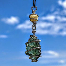 Load image into Gallery viewer, MOLDAVITE &amp; RHODIZITE NECKLACE Wire Wrap 925 Silver on a 19" Durable Black Silk Chain! Metaphysical Reiki Healing Energy Genuine Czech Synergy 12 Crystal Pendant Tektite!
