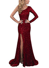 Load image into Gallery viewer, BEAUTBRIDE Women’s One Shoulder Sequin Mermaid Evening Dress Long Sleeve Formal Prom Gown with Slit Burgundy B 2
