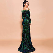 Load image into Gallery viewer, Lin Lin Q Sexy Off Shoulder Feather Long Sleeve Sequin Floor Length Evening Party Maxi Dress Green S
