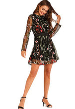 Load image into Gallery viewer, Milumia Women's Floral Embroidery Mesh Round Neck Tunic Party Dress Black Small
