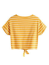 Load image into Gallery viewer, ROMWE Women's Knot Front Long Sleeve Striped Crop Top Tee T-shirt, Yellow &amp; White, Small / US 0-2
