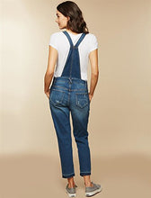Load image into Gallery viewer, Motherhood Maternity Women's Maternity Indigo Blue Side Panel Skinny Ankle Length Denim Overalls, Medium wash, Large
