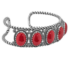 Load image into Gallery viewer, American West Sterling Silver Red Coral Gemstone 5-Stone Cuff Bracelet Size Medium
