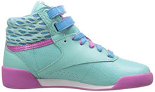 Load image into Gallery viewer, Reebok Freestyle High Classic Shoe (Little Kid/Big Kid), Crystal Blue/Blue Beam/Ultra Berry/White, 1 M US Little Kid

